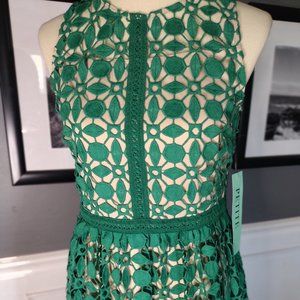 NWT Teal/Emerald and Nude Illusion Lace Tiered Dress Exposed Back Zipper -